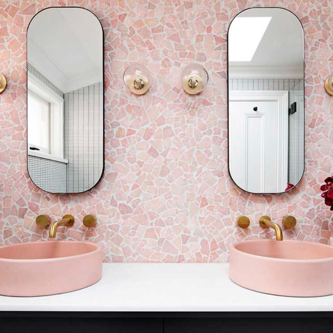 Terrazzo feature wall with coloured basins